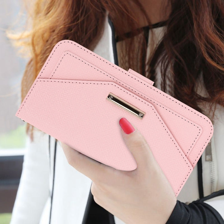 For iPhone 15 Cross Texture Crossbody Lanyard Leather Phone Case(Pink) - iPhone 15 Cases by buy2fix | Online Shopping UK | buy2fix