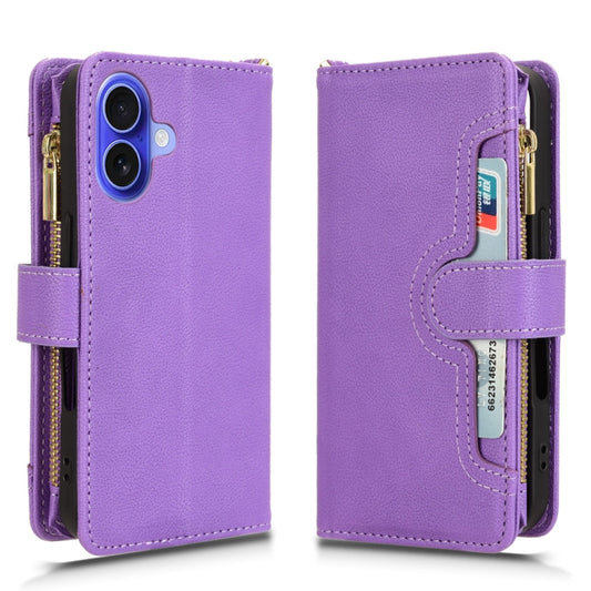 For iPhone 16 Plus Litchi Texture Zipper Leather Phone Case(Purple) by buy2fix