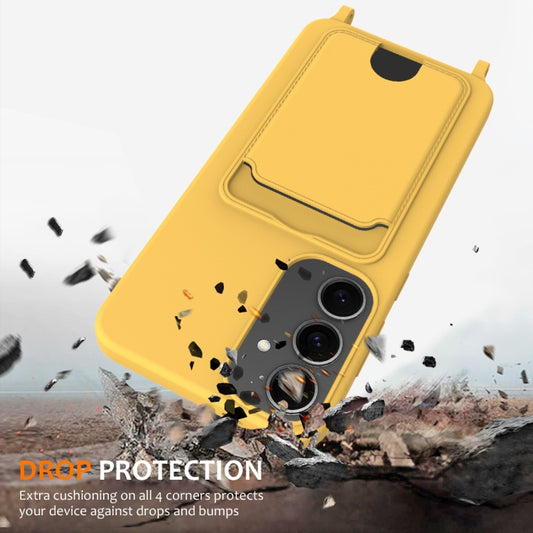 For Samsung Galaxy S25+ 5G Integrated Card Bag Solid Color Liquid Silicone Phone Case with Lanyard(Yellow) by buy2fix