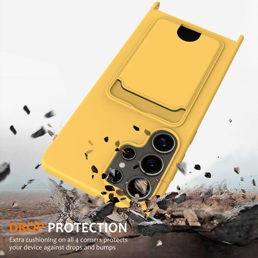 For Samsung Galaxy S25 Ultra 5G Integrated Card Bag Solid Color Liquid Silicone Phone Case with Lanyard(Yellow) by buy2fix