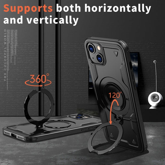 For iPhone 15 PC Hybrid TPU Armor MagSafe Ring Holder Phone Case(Black) by buy2fix