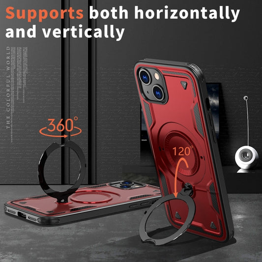 For iPhone 15 PC Hybrid TPU Armor MagSafe Ring Holder Phone Case(Red) by buy2fix