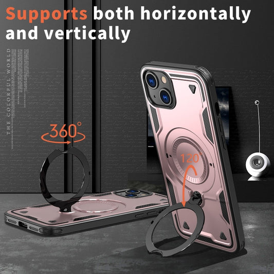 For iPhone 15 PC Hybrid TPU Armor MagSafe Ring Holder Phone Case(Rose Gold) by buy2fix