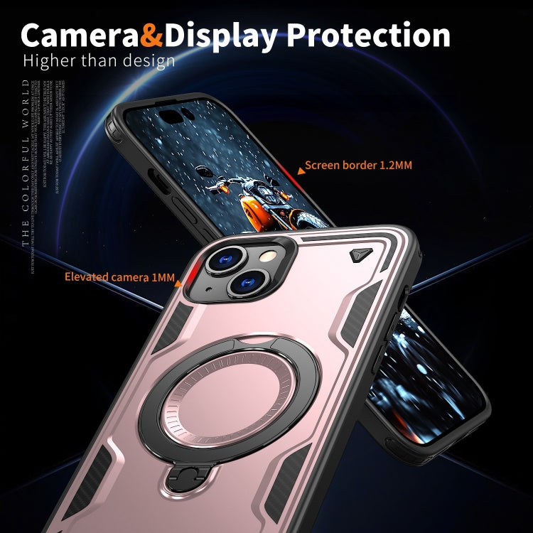 For iPhone 15 PC Hybrid TPU Armor MagSafe Ring Holder Phone Case(Rose Gold) by buy2fix
