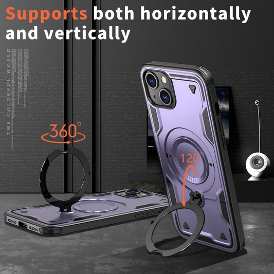 For iPhone 15 PC Hybrid TPU Armor MagSafe Ring Holder Phone Case(Purple) by buy2fix