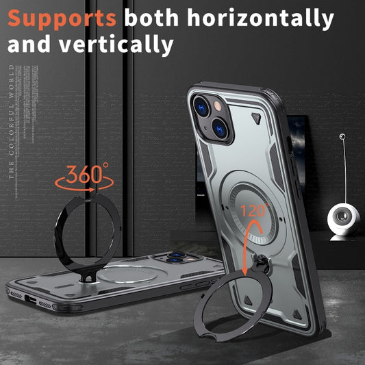 For iPhone 14 Plus PC Hybrid TPU Armor MagSafe Ring Holder Phone Case(Grey) by buy2fix