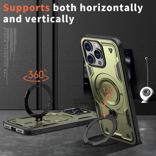 For iPhone 16 Pro Max PC Hybrid TPU Armor MagSafe Ring Holder Phone Case(Olive Green) by buy2fix