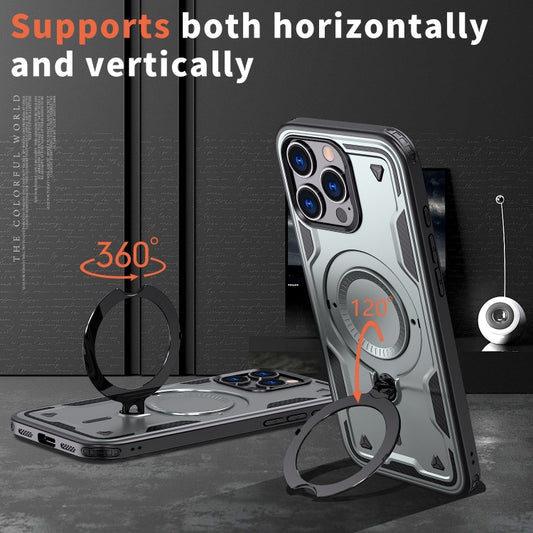 For iPhone 16 Pro Max PC Hybrid TPU Armor MagSafe Ring Holder Phone Case(Grey) by buy2fix