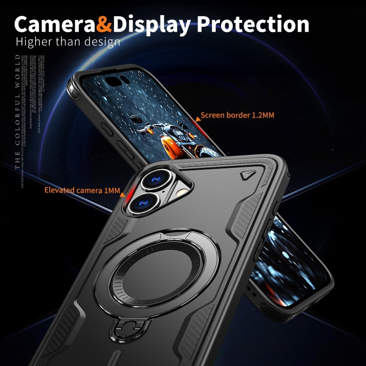 For iPhone 16 Plus PC Hybrid TPU Armor MagSafe Ring Holder Phone Case(Black) by buy2fix