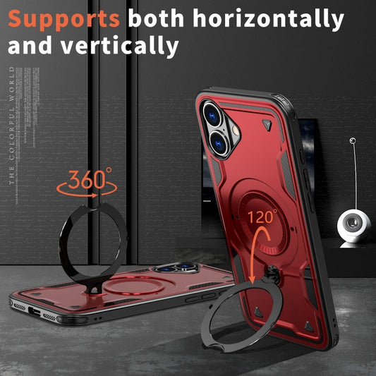 For iPhone 16 PC Hybrid TPU Armor MagSafe Ring Holder Phone Case(Red) by buy2fix