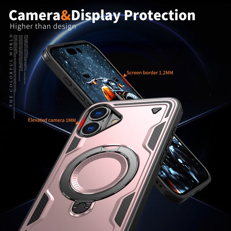 For iPhone 16 PC Hybrid TPU Armor MagSafe Ring Holder Phone Case(Rose Gold) by buy2fix