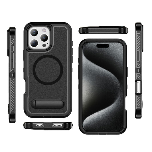 For iPhone 16 Pro Guard MagSafe Holder Matte PC Hybrid TPU Phone Case(Black) by buy2fix