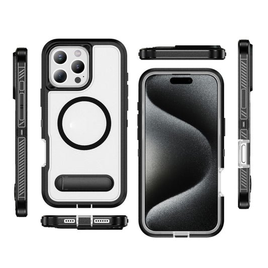 For iPhone 16 Pro Guard MagSafe Holder Matte PC Hybrid TPU Phone Case(Black Transparent) by buy2fix