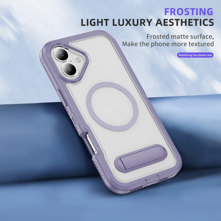 For iPhone 16 Guard MagSafe Holder Matte PC Hybrid TPU Phone Case(Purple Transparent) by buy2fix
