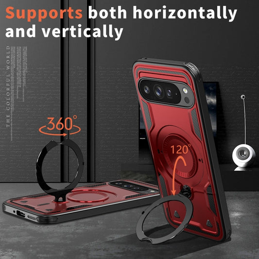 For Google Pixel 9 / 9 Pro PC Hybrid TPU Armor MagSafe Ring Holder Phone Case(Red) by buy2fix