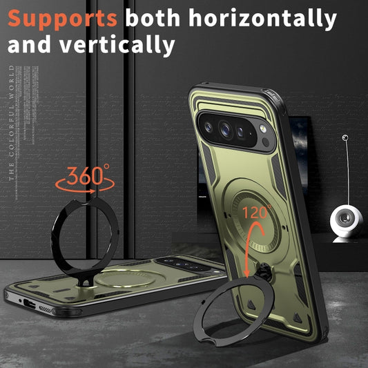 For Google Pixel 9 Pro XL PC Hybrid TPU Armor MagSafe Ring Holder Phone Case(Olive Green) by buy2fix