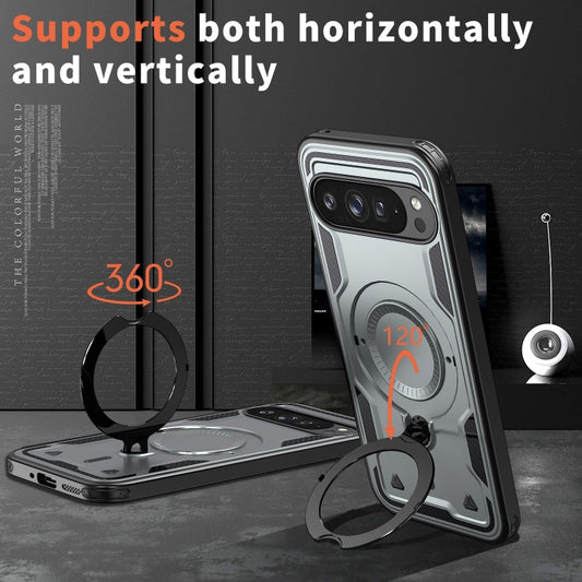 For Google Pixel 9 Pro XL PC Hybrid TPU Armor MagSafe Ring Holder Phone Case(Grey) by buy2fix