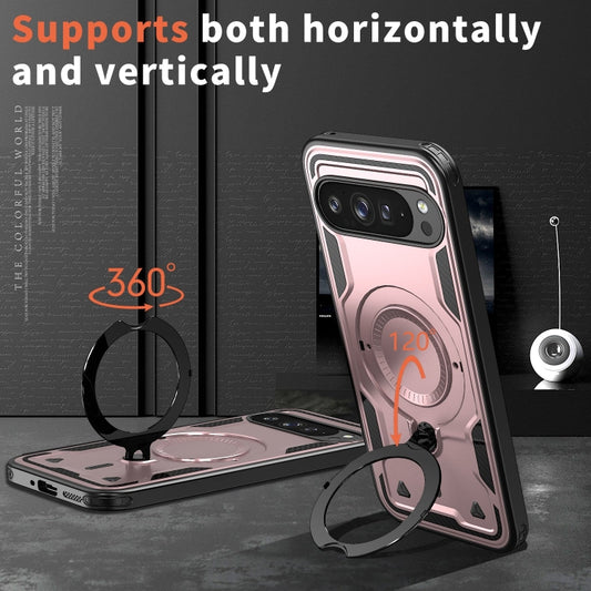 For Google Pixel 9 Pro XL PC Hybrid TPU Armor MagSafe Ring Holder Phone Case(Rose Gold) by buy2fix