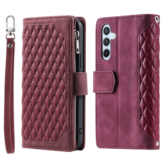 For Samsung Galaxy S25+ 5G Grid Texture Zipper Leather Phone Case with Lanyard(Wine Red) by buy2fix