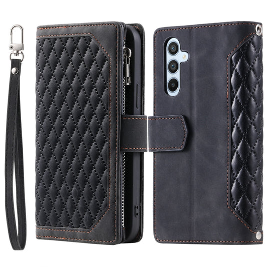 For Samsung Galaxy S25+ 5G Grid Texture Zipper Leather Phone Case with Lanyard(Black) by buy2fix