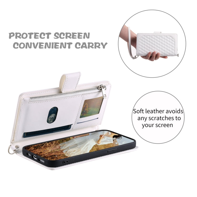 For Samsung Galaxy S25+ 5G Grid Texture Zipper Leather Phone Case with Lanyard(White) by buy2fix