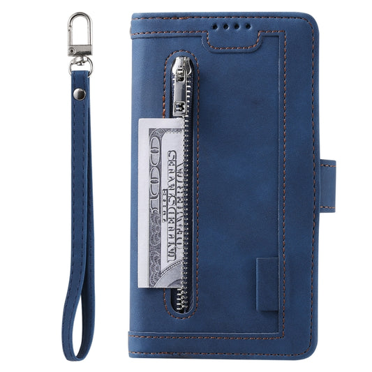 For Samsung Galaxy S25 5G Nine Card Zipper Bag Leather Phone Case with Lanyard(Blue) by buy2fix