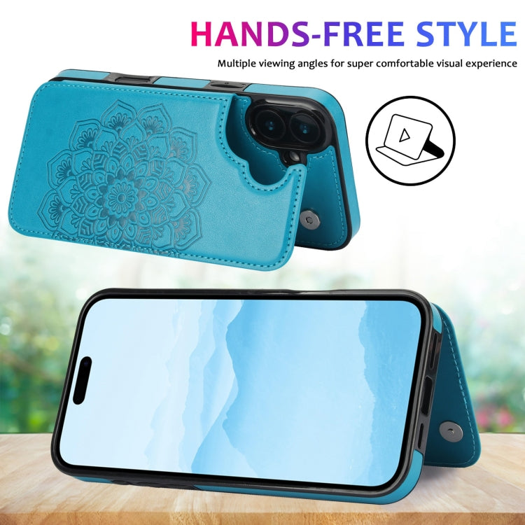 For iPhone 16 Double Buckle Mandala Leather Wallet Back Cover Phone Case(Blue) by buy2fix