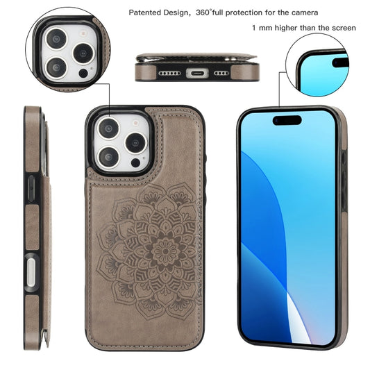 For iPhone 16 Pro Max Double Buckle Mandala Leather Wallet Back Cover Phone Case(Grey) by buy2fix