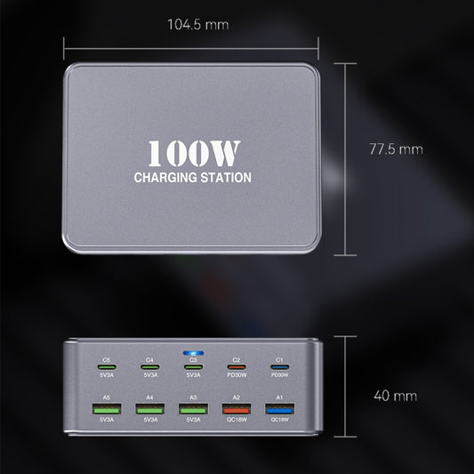 HW33 100W Type-C + USB 10-Port Desktop Fast Charger, Plug Type:US Plug - Multifunction Charger by buy2fix | Online Shopping UK | buy2fix