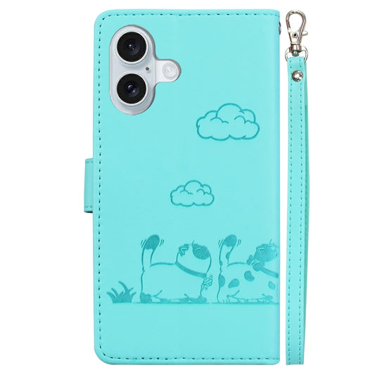 For iPhone 16 Cute Cats RFID Leather Phone Case(Green) by buy2fix