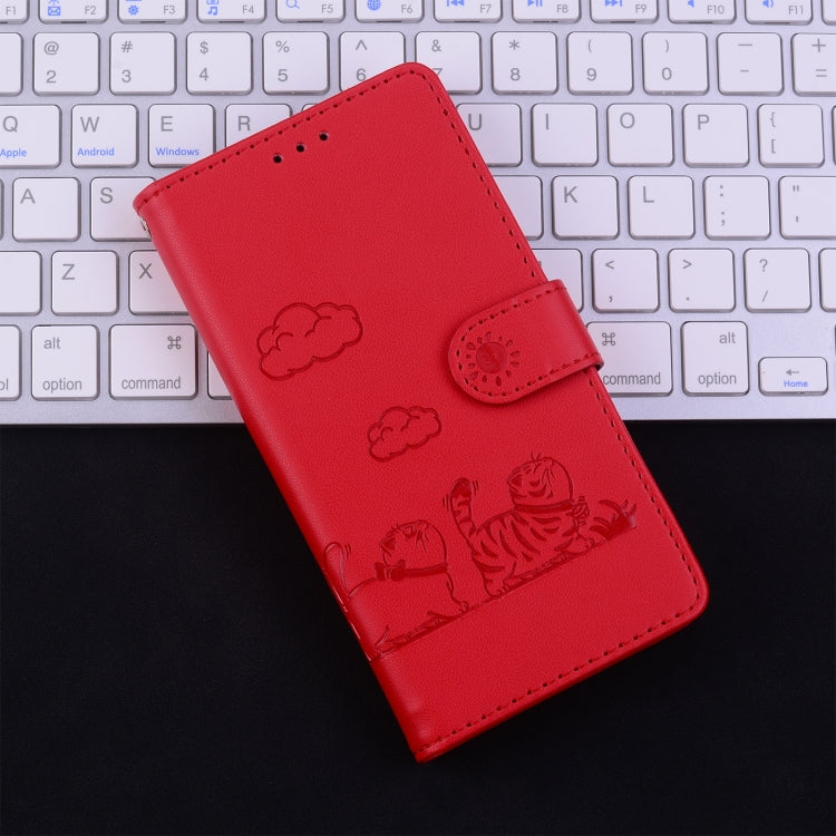 For iPhone 16 Cute Cats RFID Leather Phone Case(Red) by buy2fix