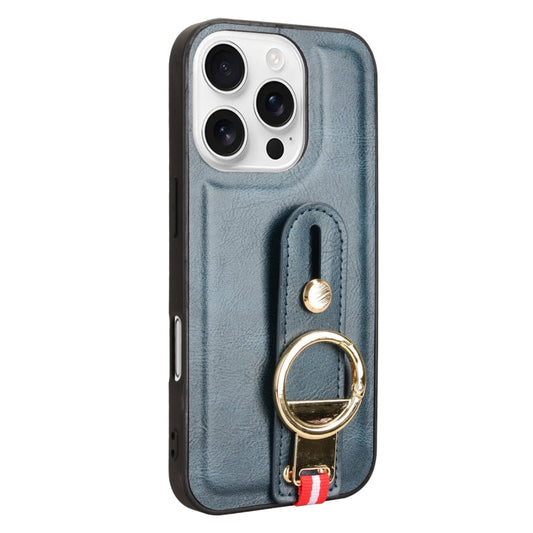 For iPhone 16 Pro Wristband Leather Back Phone Case(Blue) by buy2fix