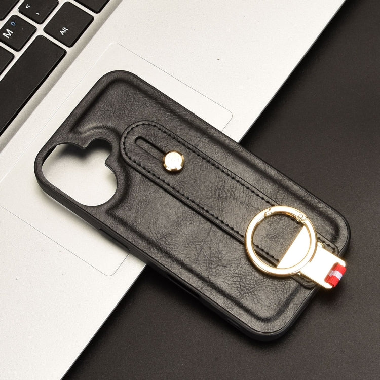 For iPhone 16 Plus Wristband Leather Back Phone Case(Black) by buy2fix