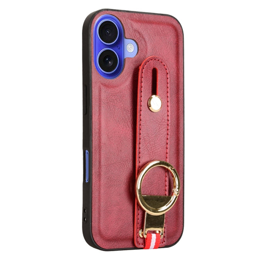 For iPhone 16 Plus Wristband Leather Back Phone Case(Red) by buy2fix