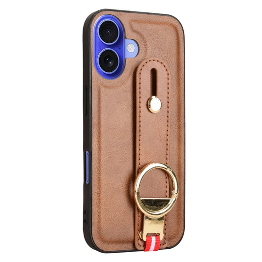 For iPhone 16 Plus Wristband Leather Back Phone Case(Brown) by buy2fix
