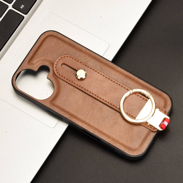 For iPhone 16 Plus Wristband Leather Back Phone Case(Brown) by buy2fix