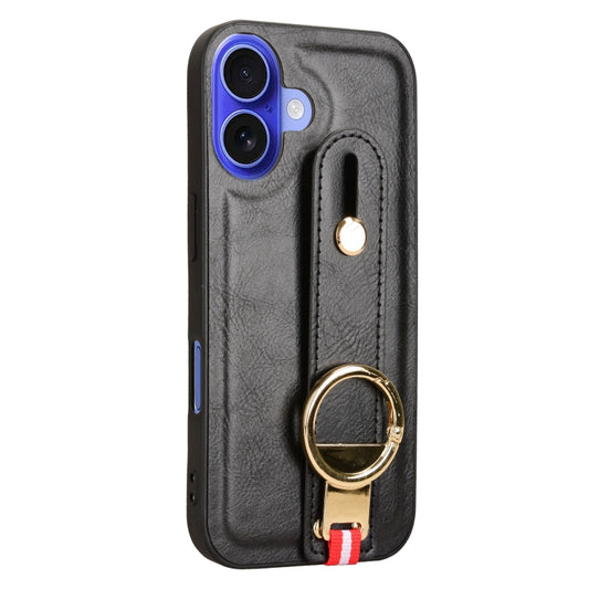 For iPhone 16 Wristband Leather Back Phone Case(Black) by buy2fix