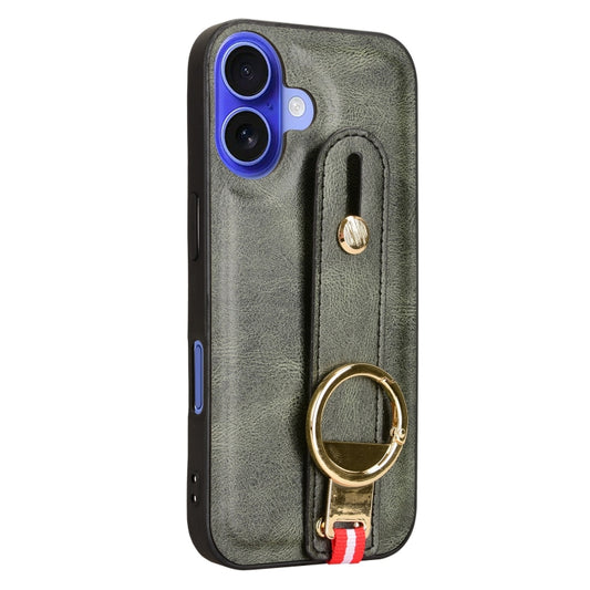 For iPhone 16 Wristband Leather Back Phone Case(Green) by buy2fix