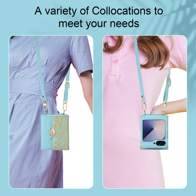 For Samsung Galaxy Z Flip6 / Flip7 FE POLA Multi-Card Slots Leaf Pattern Phone Case(Blue) - Galaxy Z Flip6 5G Cases by POLA | Online Shopping UK | buy2fix