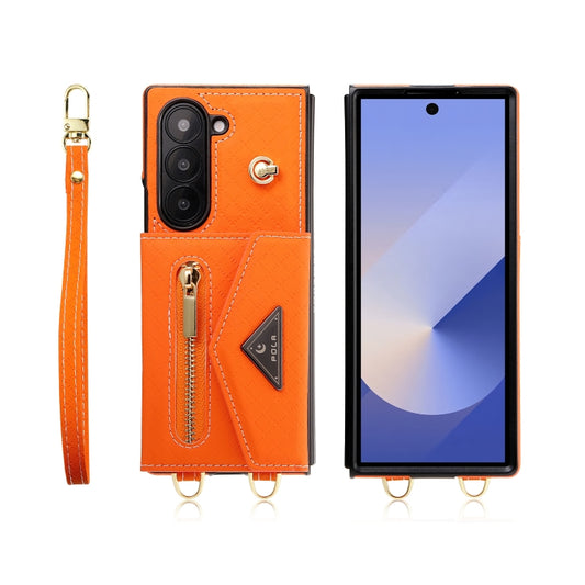 For Samsung Galaxy Z Fold6 POLA Grid Texture Multi-Card Slots Zipper Wallet Phone Case(Orange) - Galaxy Z Fold6 5G Cases by POLA | Online Shopping UK | buy2fix