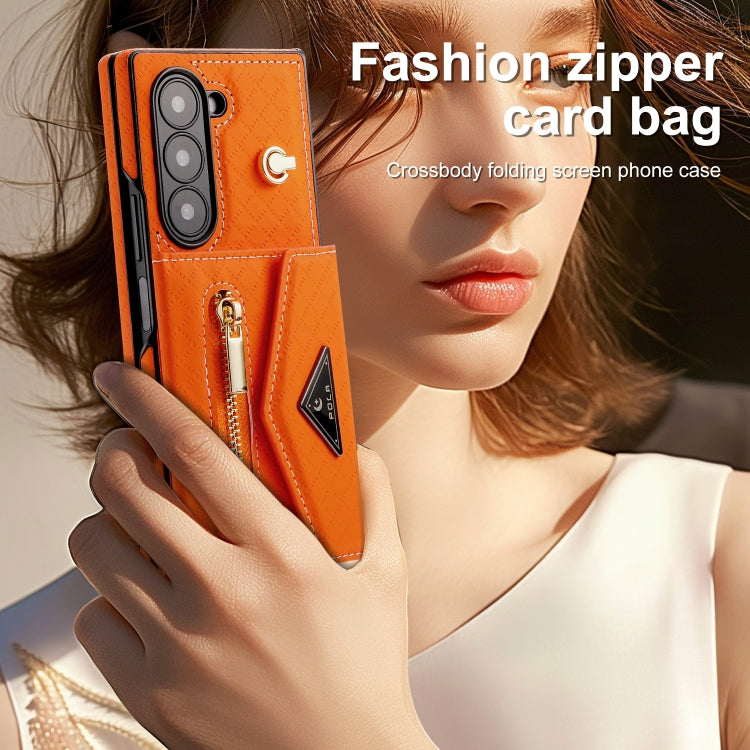 For Samsung Galaxy Z Fold6 POLA Grid Texture Multi-Card Slots Zipper Wallet Phone Case(Orange) - Galaxy Z Fold6 5G Cases by POLA | Online Shopping UK | buy2fix
