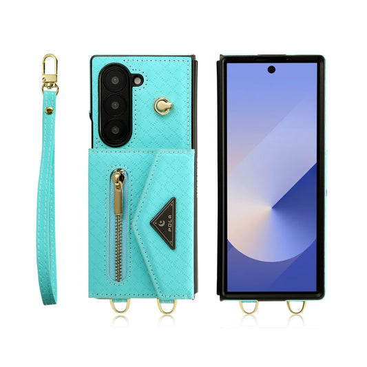 For Samsung Galaxy Z Fold6 POLA Grid Texture Multi-Card Slots Zipper Wallet Phone Case(Blue) - Galaxy Z Fold6 5G Cases by POLA | Online Shopping UK | buy2fix