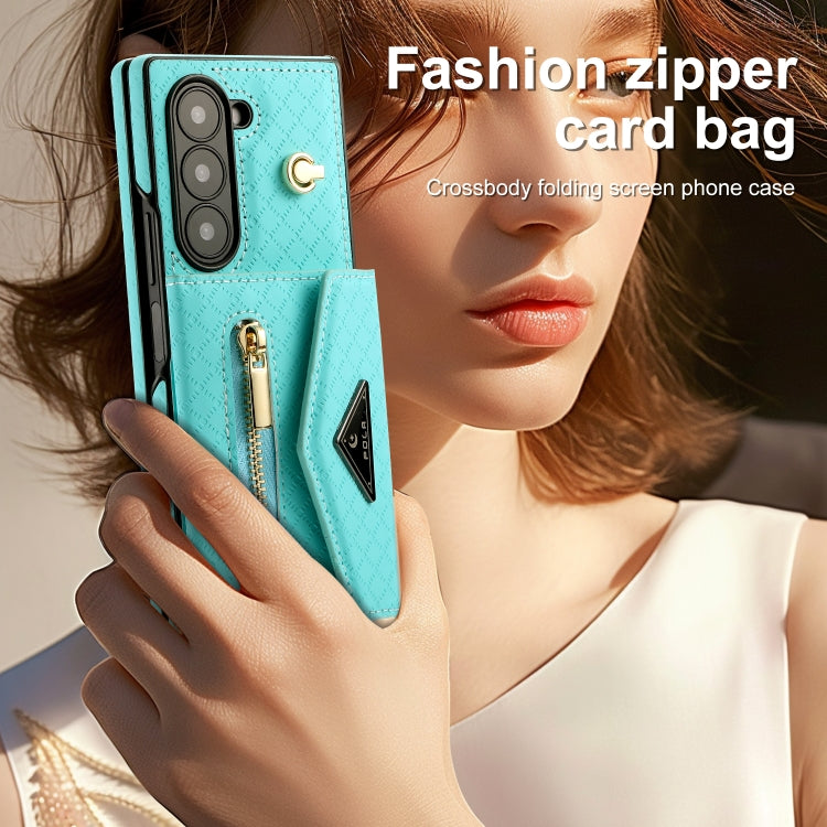 For Samsung Galaxy Z Fold6 POLA Grid Texture Multi-Card Slots Zipper Wallet Phone Case(Blue) - Galaxy Z Fold6 5G Cases by POLA | Online Shopping UK | buy2fix