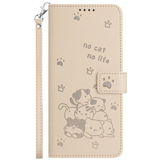 For Google Pixel 10 Pro XL Embossed Kitten Phone Leather Case with Lanyard(Beige) - Google Cases by buy2fix | Online Shopping UK | buy2fix