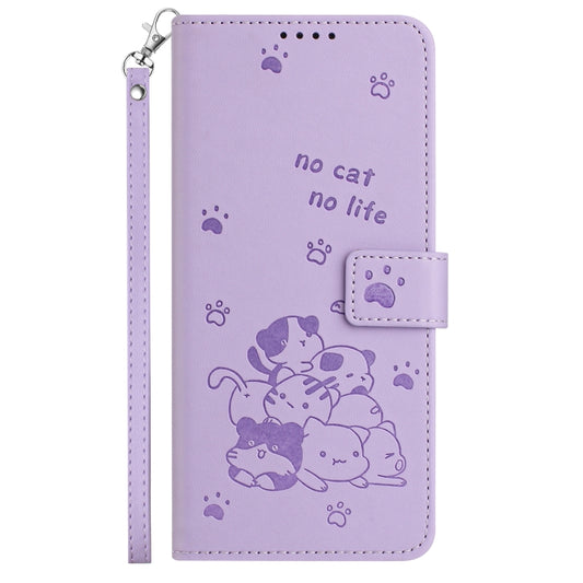 For iPhone 16 Pro Max Embossed Kitten Phone Leather Case with Lanyard(Purple) by buy2fix