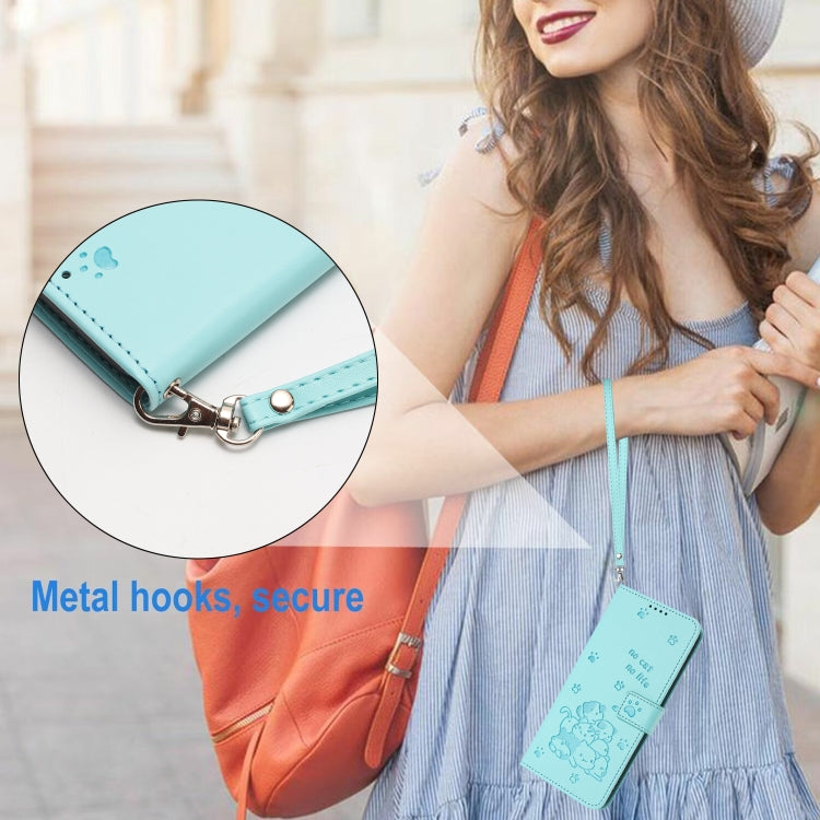 For iPhone 16 Plus Embossed Kitten Phone Leather Case with Lanyard(Mint Green) by buy2fix