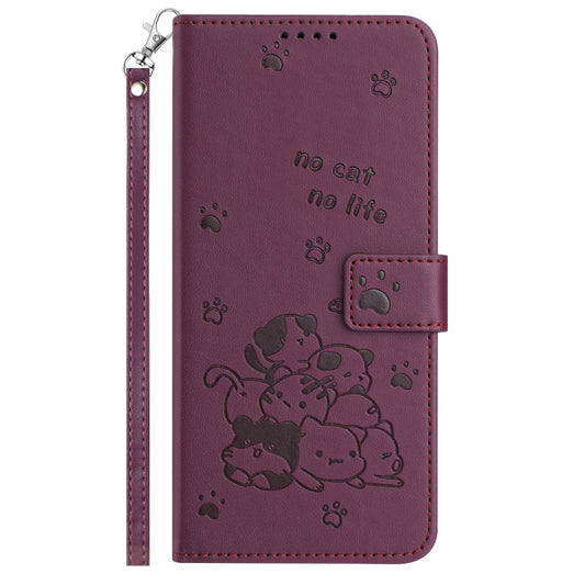 For iPhone 16 Embossed Kitten Phone Leather Case with Lanyard(Wine Red) by buy2fix