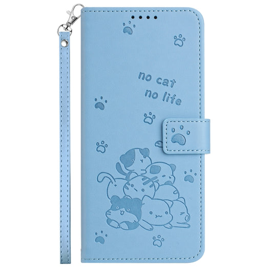 For Motorola Moto G 5G 2024 Embossed Kitten Phone Leather Case with Lanyard(Blue) by buy2fix