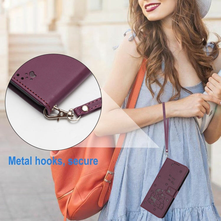 For Motorola Moto G Play 4G 2024 Embossed Kitten Phone Leather Case with Lanyard(Wine Red) by buy2fix