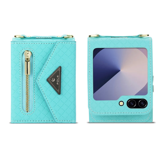 For Samsung Galaxy Z Flip6 / Flip7 FE POLA Grid Texture Multi-Card Slots Zipper Wallet Phone Case(Blue) - Galaxy Z Flip6 5G Cases by POLA | Online Shopping UK | buy2fix